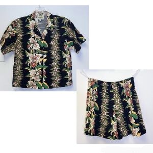 Pau Hana Hawaii Black Floral Matching Shirt And Short Hawaiian Outfit Size M